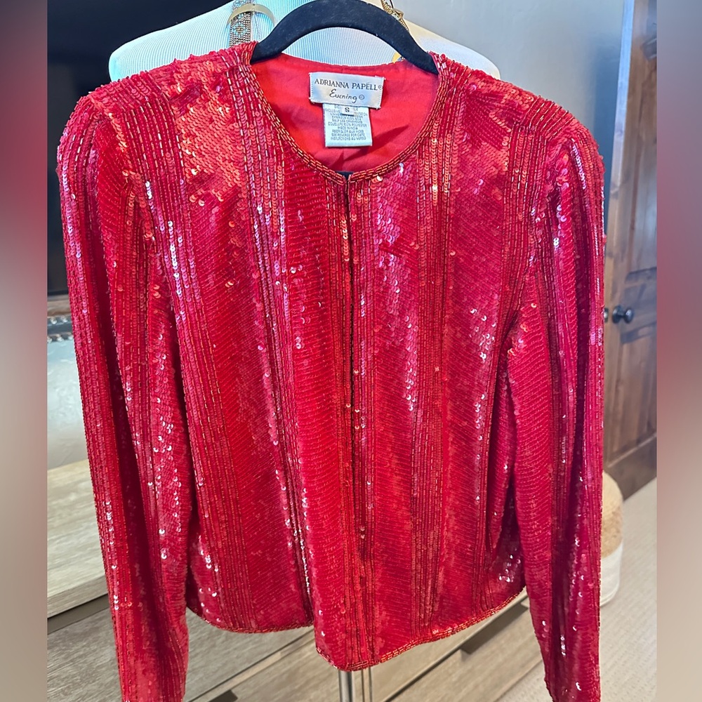 Adrianna Papell Red Silk Sequin Evening Jacket – Size Small